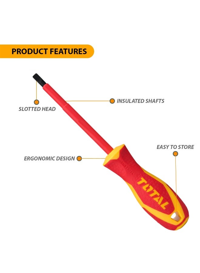 توتال مفك براغي معزول ذو رأس مسطح من توتال THTIS5125، يتحمل جهد 1000 فولت، معتمد من VDE EN IEC60900، أداة كهربائية احترافية، مزود بعمود معزول، رأس مسطح دقيق، مقبض مريح، مصنوع من فولاذ الكروم والفاناديوم عالي التحمل لأعمال الصيانة والإصلاح الكهربائية. - Image 2